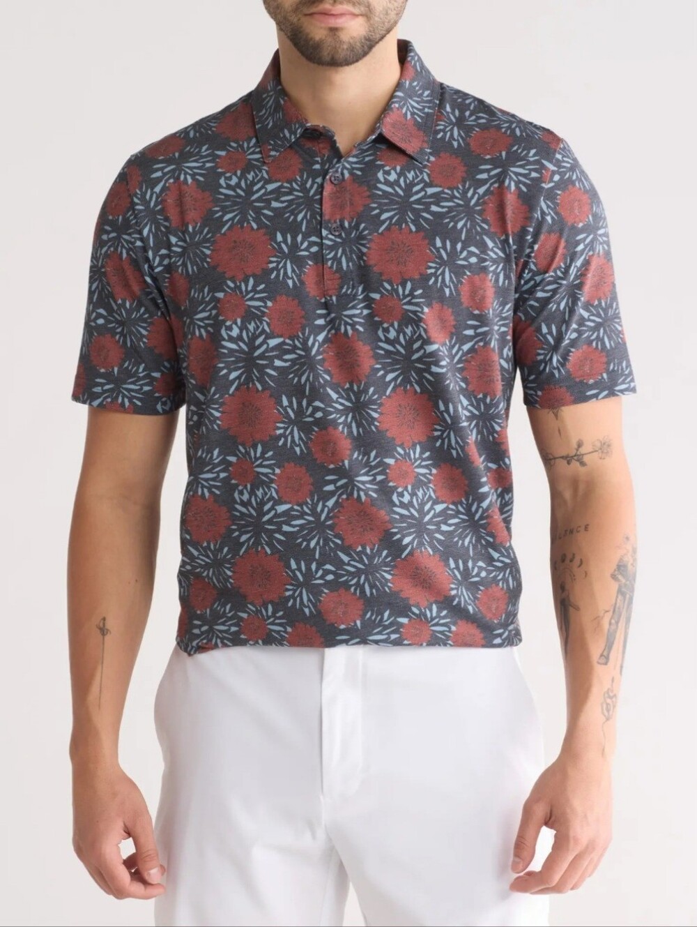 Travis Mathew Scenic Pass Floral Polo Shirt - Size Large - Brown/Red & Blue